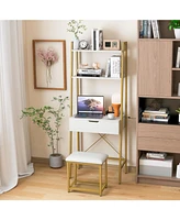 Sugift Ladder Vanity Desk Set with Flip Top Mirror and Cushioned Stool