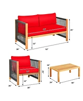 Sugift 4 Pieces Acacia Wood Sofa Set with Cushions for Outdoor Patio