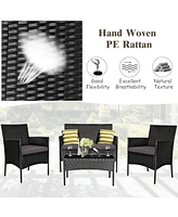 Sugift 4 Pieces Patio Rattan Cushioned Sofa Set with Tempered Glass Coffee Table-Grey