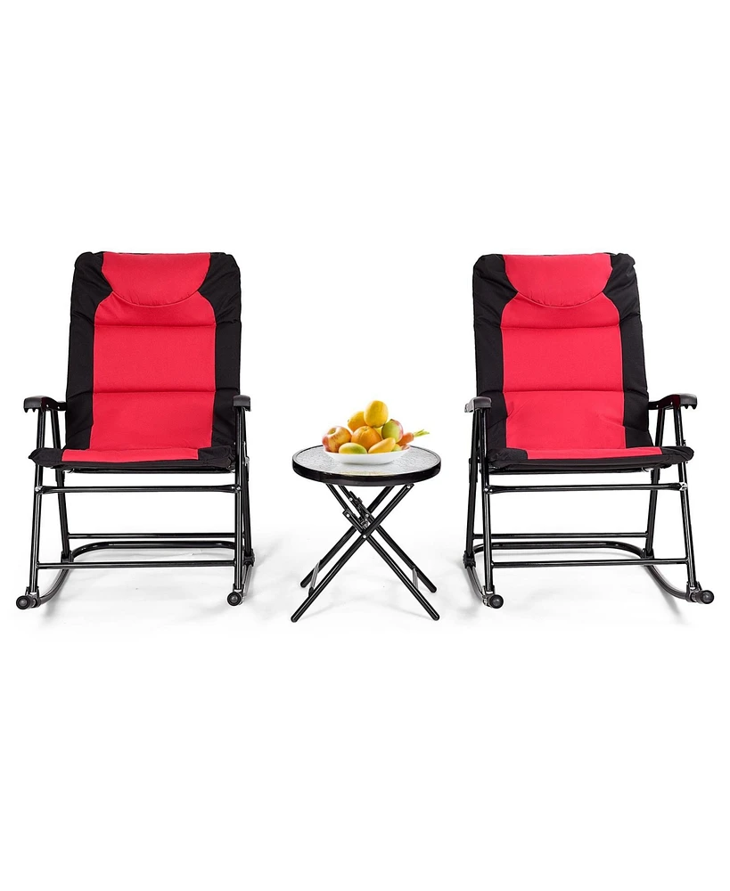 Sugift 3 Pieces Outdoor Folding Rocking Chair Table Set with Cushion