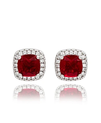 Suzy Levian Sterling Silver Cushion Cut Red Cubic Zirconia Halo Studs