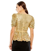 Mac Duggal Women's Sequined Puff Sleeve Faux Wrap Top