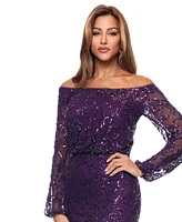 Xscape Petite Sequin Off-The-Shoulder Side-Slit Gown