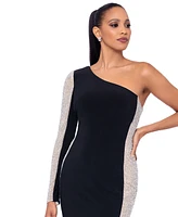 Xscape Petite Two-Tone One-Shoulder Asymmetric Gown