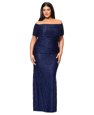 Xscape Plus Sequin-Lace Off-The-Shoulder Gown