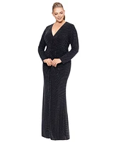 Xscape Plus Shimmer Center-Ruched V-Neck Gown