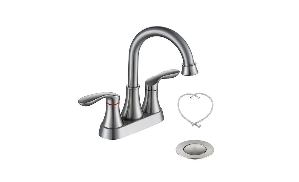 Slickblue 2-Handle 4-Inch Brushed Nickel Bathroom Faucet for Vanity Sinks, Complete with Pop-Up Drain and Supply Hoses