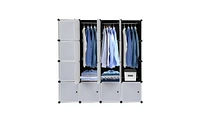 Slickblue 16-Cube Stackable Plastic Organizer, Multifunctional Modular Closet Cabinet with Hanging Rod, White & Black