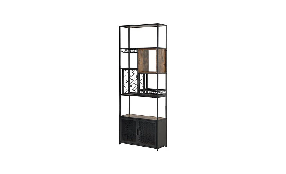 Slickblue 82.7" Industrial Tall Black Bar Wine Rack Cabinet with Glass Holder, Wooden Home Bar Storage Unit