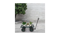 Slickblue Green Garden Wagon with Iron Frame and Wood Panels, Four-Wheel Square Design for Outdoor Use