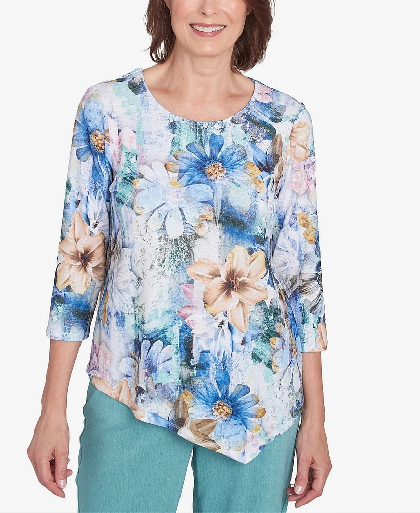 Alfred Dunner Petite Floral Asymmetric Hem Top