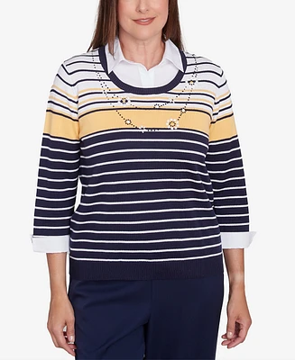 Alfred Dunner Petite Striped Two One Collared Sweater with Necklace