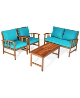 Sugift 4 Pieces Wooden Patio Sofa Chair Set with Cushion