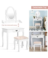 Sugift Wooden Vanity Table Set with Oval Mirror and Cushioned Stool