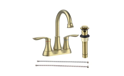 Slickblue Brushed Gold Bathroom Faucet with Pop-Up Drain & Supply Hoses, 2-Handle 360-Degree High Arc Swivel Spout, 4-Inch Centerset Vanity Sink Fauce