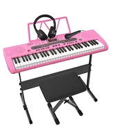 Givimo 61-Key Pink Electric Keyboard Piano for Beginners with Stand, Bench, Microphone, Headphones, Dual Speakers & Teaching Modes