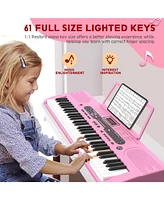 Givimo 61-Key Pink Electric Keyboard Piano for Beginners with Stand, Bench, Microphone, Headphones, Dual Speakers & Teaching Modes