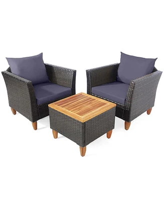 Costway 3 Pcs Patio Rattan Furniture Set Cushioned Sofa Storage Table with Wood Top