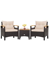 Costway 3PCS Patio Rattan Furniture Set Wooden Armrest Table Top Cushioned Deck