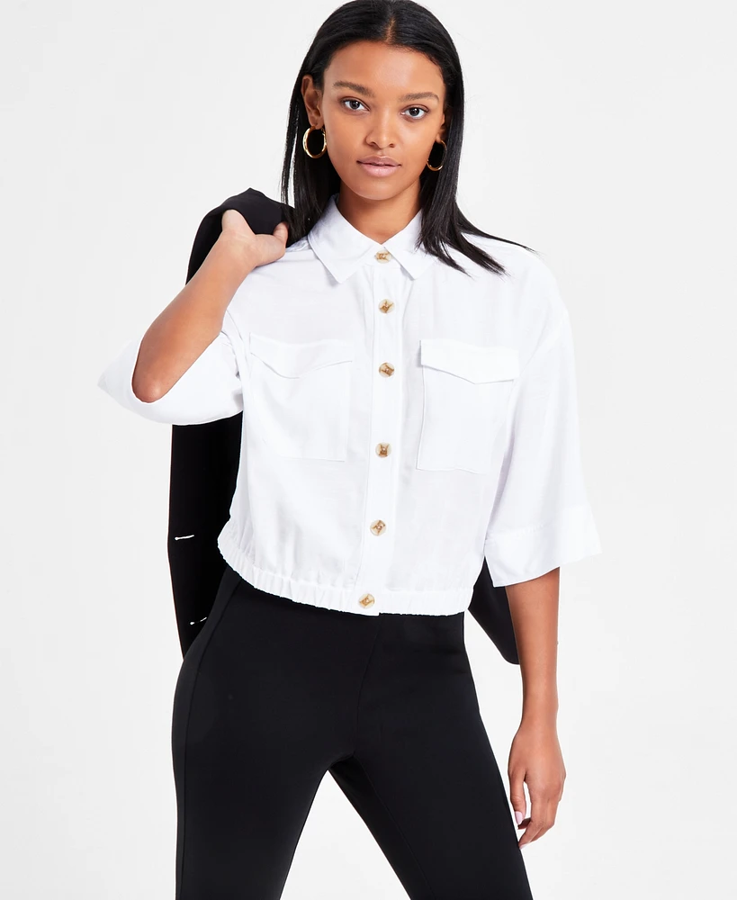 Bar Iii Women's 3/4-Sleeve Button-Front Crop Blouse, Exclusively at Macy's