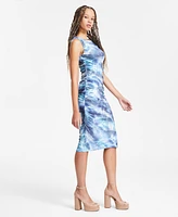 Bar Iii Women's Printed Sleeveless Crewneck Ruched Midi Dress, Exclusively at Macy's