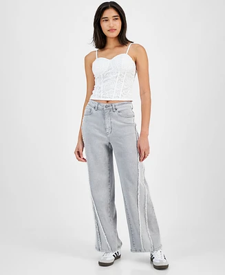 Tinseltown Juniors' High-Rise Frayed Wide-Leg Jeans