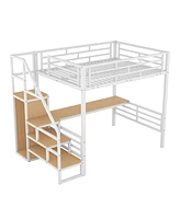 Streamdale Furniture Full Size Metal Loft Bed With Desk, Storage Staircase And Small Wardrobe, Storage Stairs