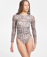 Bar Iii Women's Printed-Mesh Cutout Bodysuit, Exclusively at Macy's