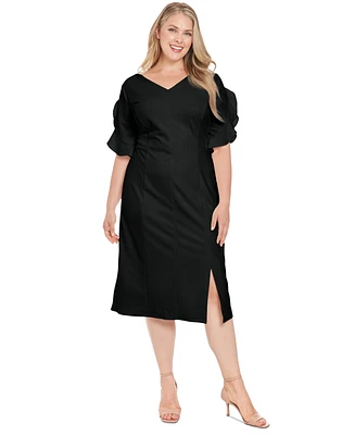 London Times Plus Ruffled-Sleeve V-Neck Sheath Dress