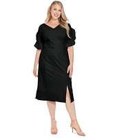 London Times Plus Ruffled-Sleeve V-Neck Sheath Dress