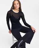 Bar Iii Women's Long-Sleeve Ruched Mesh Top, Exclusively at Macy's