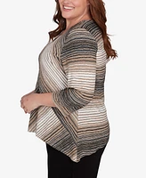 Alfred Dunner Plus Romancing the Stone Neutral Spliced Textured Stripe Top