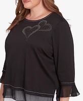 Alfred Dunner Plus Wild at Heart Asymmetric Hearts Beaded Neckline Top