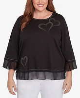 Alfred Dunner Plus Wild at Heart Asymmetric Hearts Beaded Neckline Top