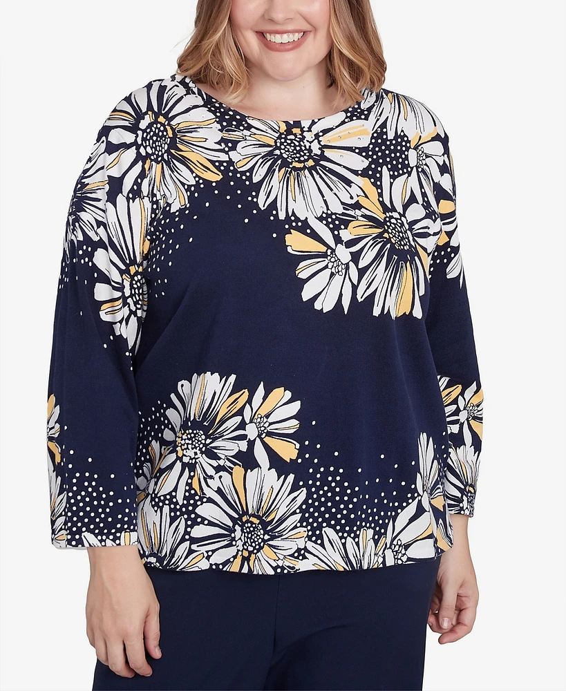 Alfred Dunner Plus Block Island Embellished Daisy Crew Neck Sweater