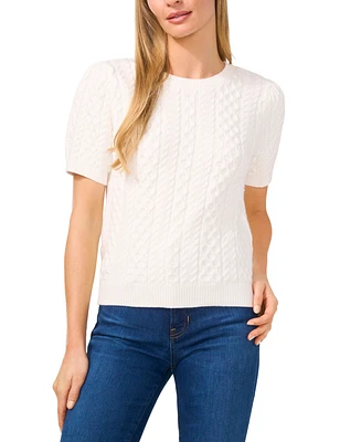 CeCe Women's Puff Short Sleeve Mixed Cable Knit Crew Neck Sweater