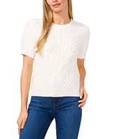 CeCe Women's Puff Short Sleeve Mixed Cable Knit Crew Neck Sweater