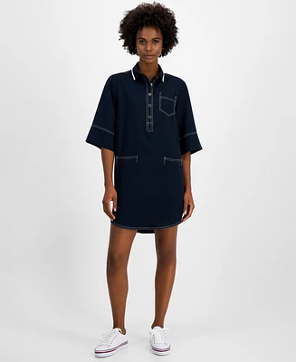 Tommy Hilfiger Women's Contrast-Stitched Button-Placket Popover Dress