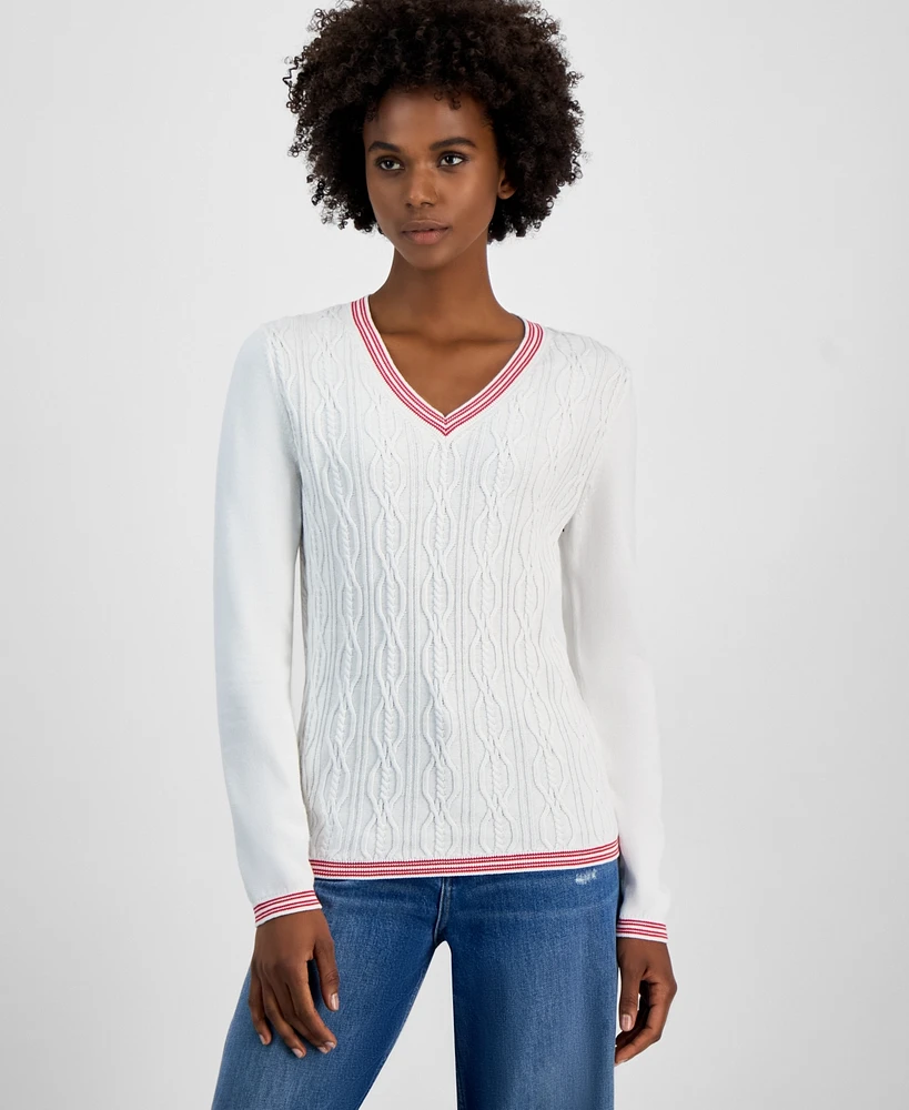 Tommy Hilfiger Women's Cotton Cable-Knit Contrast-Trim Sweater