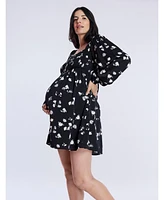 Women's Smocked Babydoll Long Sleeve Mini Dress - Motherhood Maternity