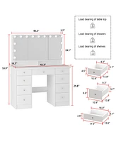 Homsee White Modern Makeup Vanity Desk 9 Drawers Wood Dressing Table With 3 Mirrors, Hidden Storage Shelves, Led Bulb Lights