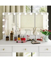 Homsee White Modern Makeup Vanity Desk 9 Drawers Wood Dressing Table With 3 Mirrors, Hidden Storage Shelves, Led Bulb Lights