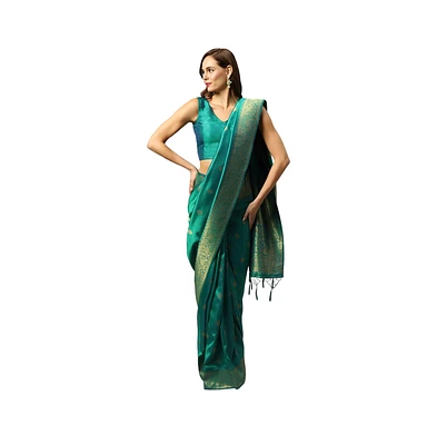 One Minute Saree Petite Yara Green Moss Weave Art Silk Ready to Wear Sari