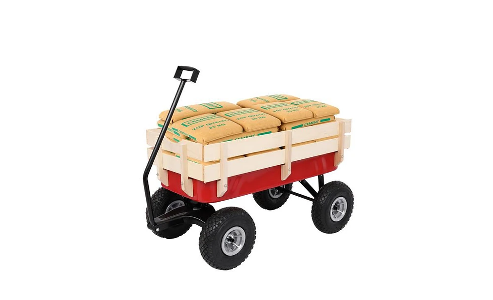 Slickblue Garden Wagon with Iron Frame and Wood Panels, Four-Wheel Design for Outdoor Gardening