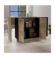Creta Kitchen Island, Double Door Cabinets, Two External Shelves, Three White / Light Oak