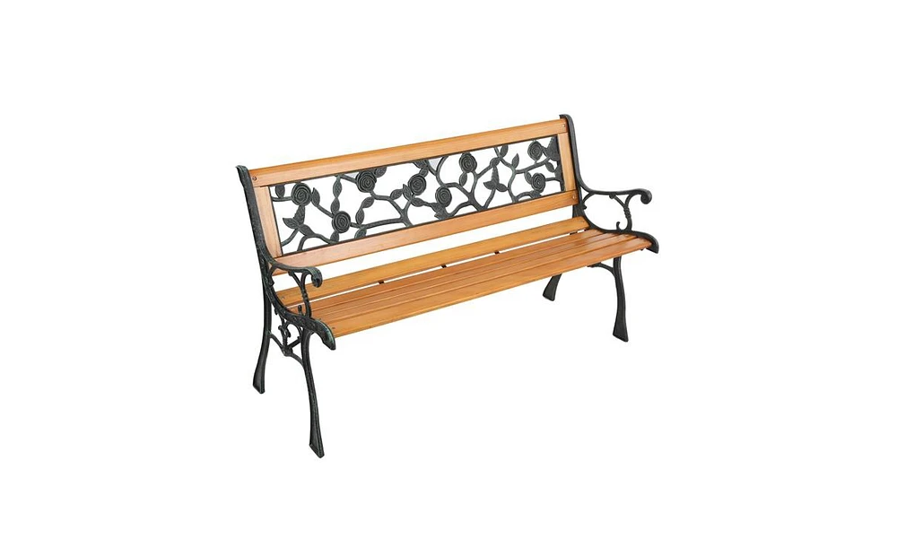 Slickblue 49" Garden Bench with Rose Style Back Hardwood and Cast Iron Patio Love Seat