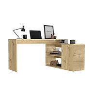 Depot E-Shop Boston L-Shaped Desk, Single Door Cabinet, Two Open Shelves, Interior Light Oak