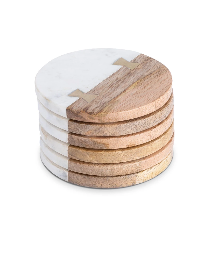 Thirstystone Round Marble and Wood Coasters with Inlay, Set of 6