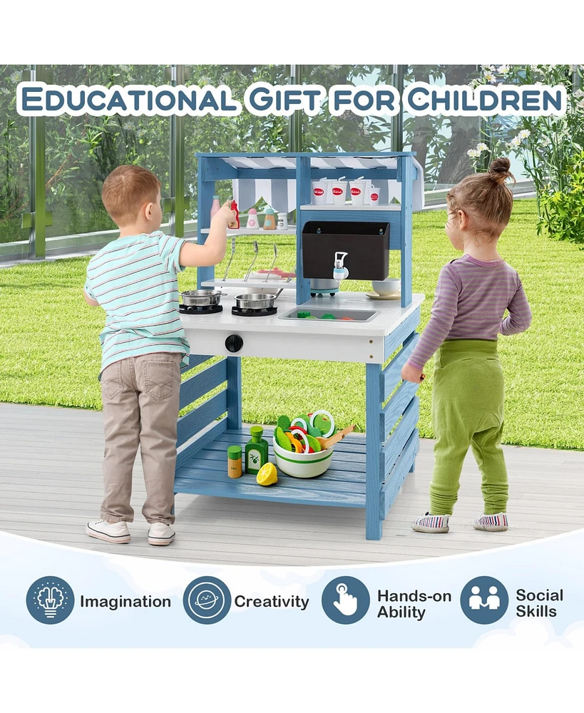 Hongge Double-sided Wooden Play Kitchen and Grocery Stand with Stoves for Kids 3+ Years Old
