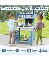 Hongge Double-sided Wooden Play Kitchen and Grocery Stand with Stoves for Kids 3+ Years Old